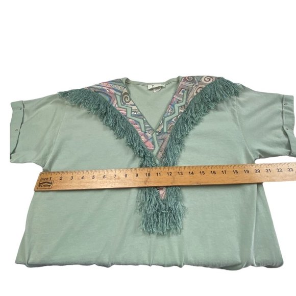 Vintage Eclectic Western Bohemian Aztec Sage Green Top with Fringe size Medium - Picture 5 of 7